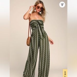 Raine Olive Green Print Strapless Lulu’s Jumpsuit